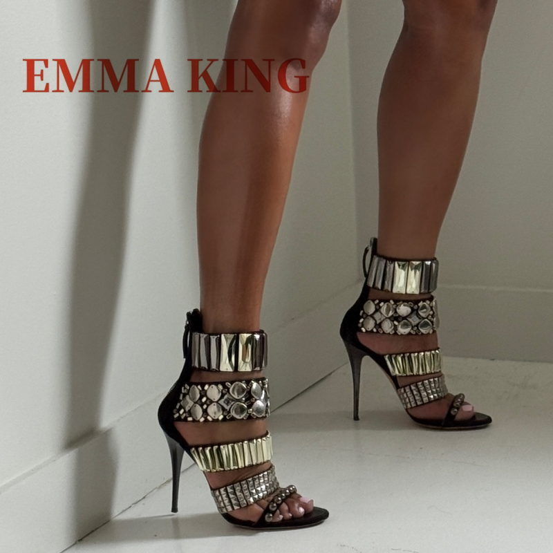 Women'S Fashion Q - Black Embellished Ankle Strap Sandals Summer